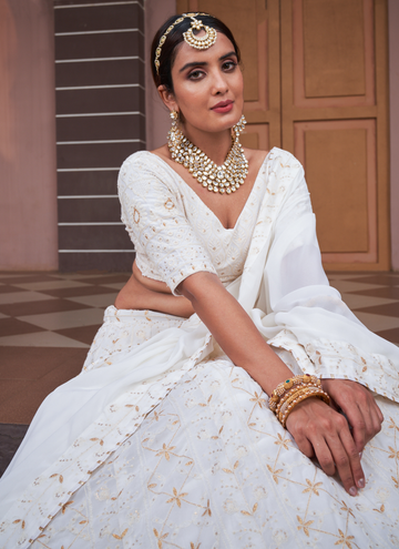 Beige Georgette Lucknowi Work Lehenga Choli For Occasion